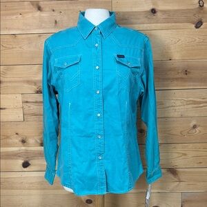 NWT Wrangler Women's TEAL western pearl snap rodeo cowgirl long sleeve shirt XL